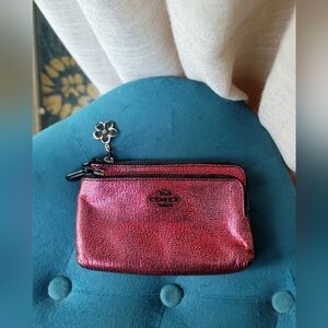 Coach Metallic Red Leather Double Zip Pouch